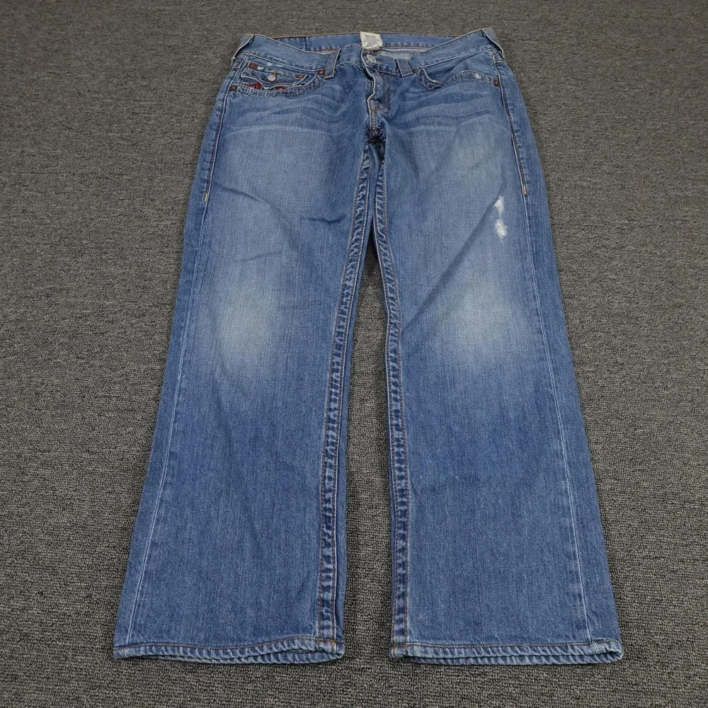 True Religion Jeans Mens 34 Blue Straight World Tour Horseshoe Stitch 34x29